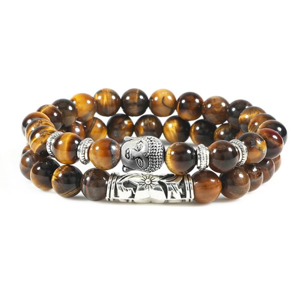 2pcs set Buddha Head Bracelet for Women Men Natural Tiger Eye Lava Stone Yoga Beads Distance 1