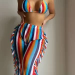 3 Pieces Striped Triangle Bikini Set Swimsuit Ruffle