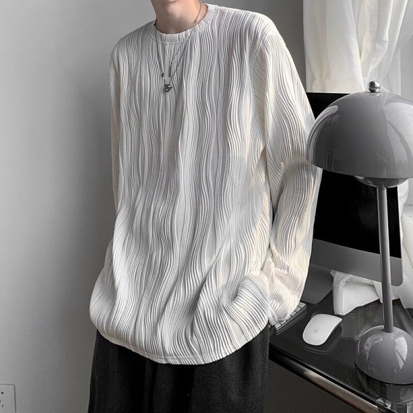 3d Folds Texture Autumn Winter Long Sleeve Men T Shirt Loose Korean Style O Neck Fashion 4