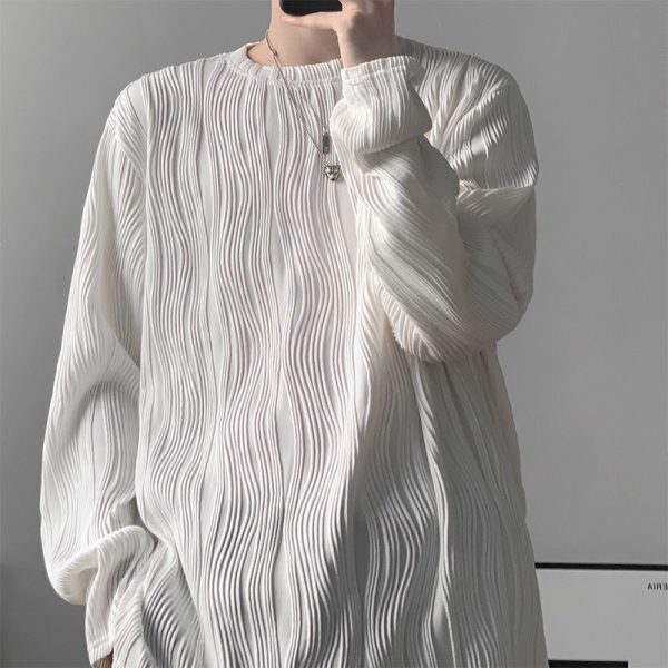 3d Folds Texture Autumn Winter Long Sleeve Men T Shirt Loose Korean Style O Neck Fashion