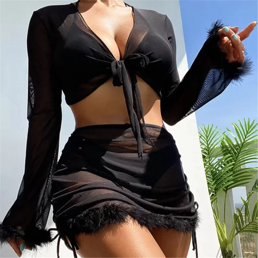 4 Pieces Sexy Black Bikinis With a Skirt 2023 Women Cover Up Long Sleeve Swimsuits Feme 1