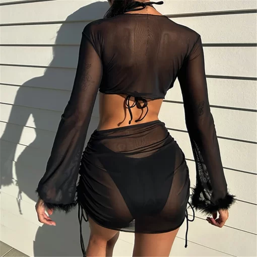 4 Pieces Sexy Black Bikinis With a Skirt 2023 Women Cover Up Long Sleeve Swimsuits Feme 3