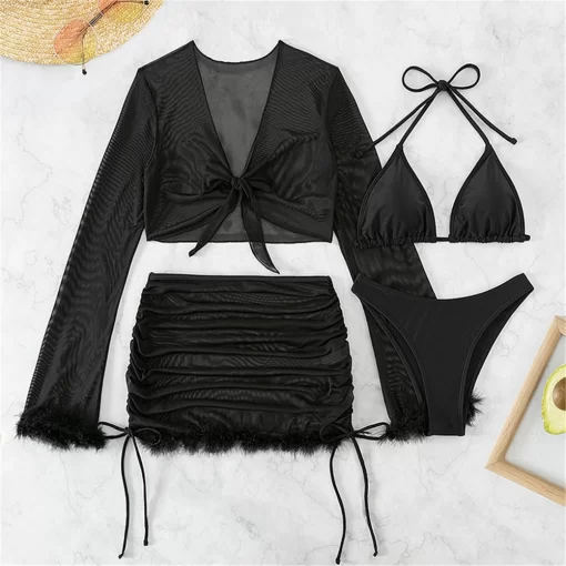 4 Pieces Sexy Black Bikinis With a Skirt 2023 Women Cover Up Long Sleeve Swimsuits Feme 4