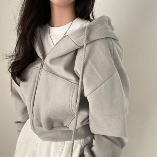 6colors 2023 Korean Women Autumn Winter Hoodie Coats Short Warm Zipper Jacket Casual Female Coat Tops 4