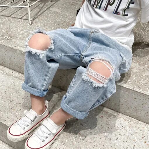 90 140cm Fashion Autumn Summer Kids Hole Trousers Children Boy Handsome Torn Patch Jeans Girls Pants