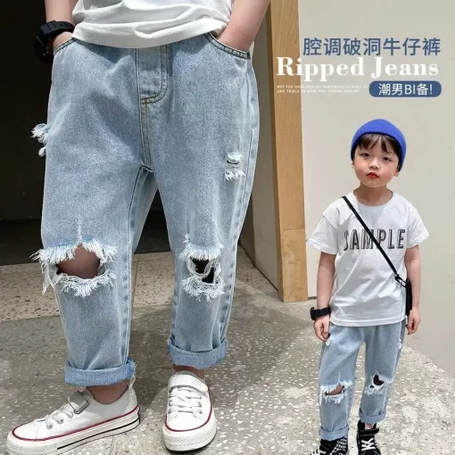 90 140cm Fashion Autumn Summer Kids Hole Trousers Children Boy Handsome Torn Patch Jeans Girls Pants