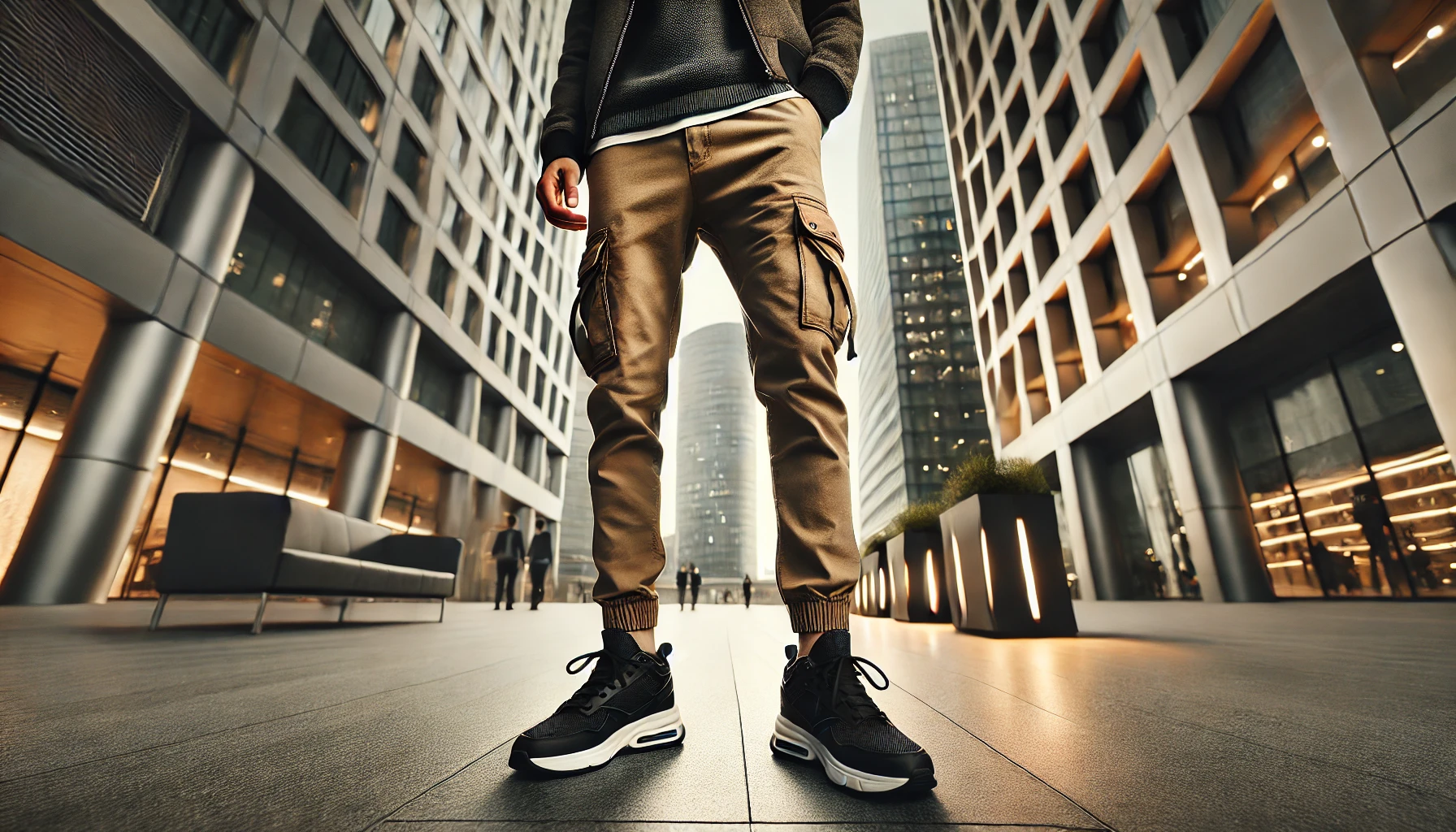 A close-up, stylish image showcasing the details of cargo pants. The image focuses on the fabric texture, multiple pockets, and stitching details, hig (2)