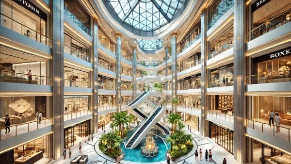 A modern and luxurious shopping mall interior in Thailand, featuring sleek architecture with high ceilings, glass railings, and polished floors. The m