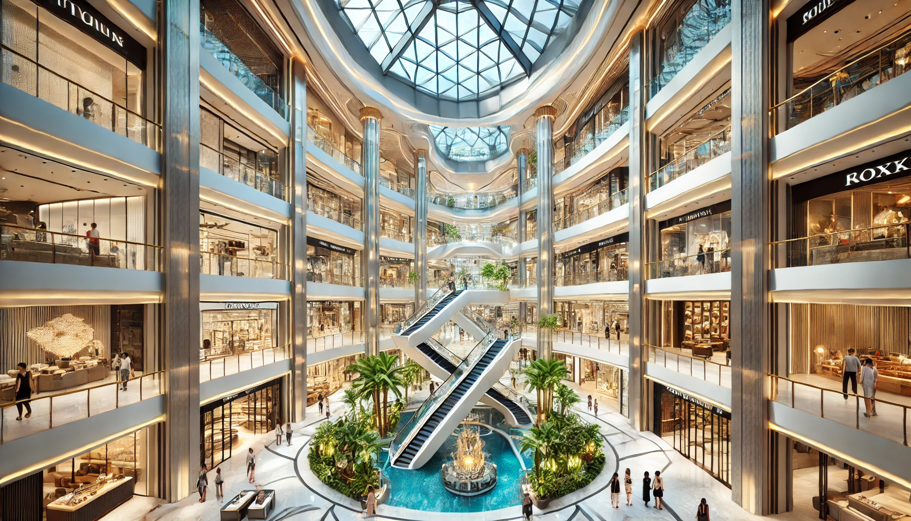 A modern and luxurious shopping mall interior in Thailand, featuring sleek architecture with high ceilings, glass railings, and polished floors. The m