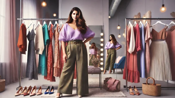 A stylish woman confidently wearing plus-size clothing in a bright boutique, surrounded by colorful racks of inclusive-sized outfits and soft lighting, symbolizing inclusivity and fashionable confidence.