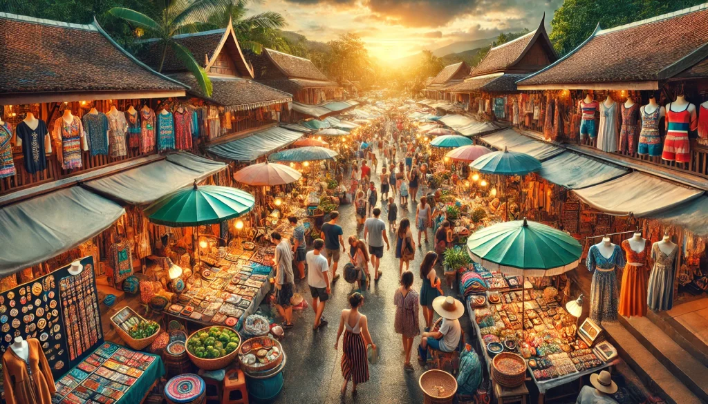 A vibrant and bustling street market in Thailand, showcasing colorful stalls filled with clothing, handmade jewelry, local crafts, and fresh produce.