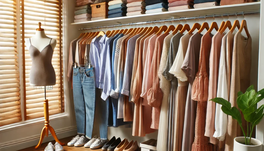 A well-organized closet with plus-size clothing neatly arranged on hangers. The wardrobe includes a variety of stylish outfits, from casual wear