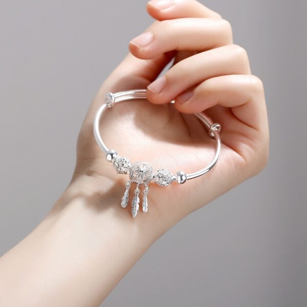 Adjustable 925 Sterling Silver Dreamcatcher Tassel Feather Round Bead Charm Bracelet Bangle For Women Elegant Jewelry 1