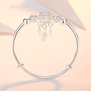 Adjustable 925 Sterling Silver Dreamcatcher Tassel Feather Round Bead Charm Bracelet Bangle For Women Elegant Jewelry 2