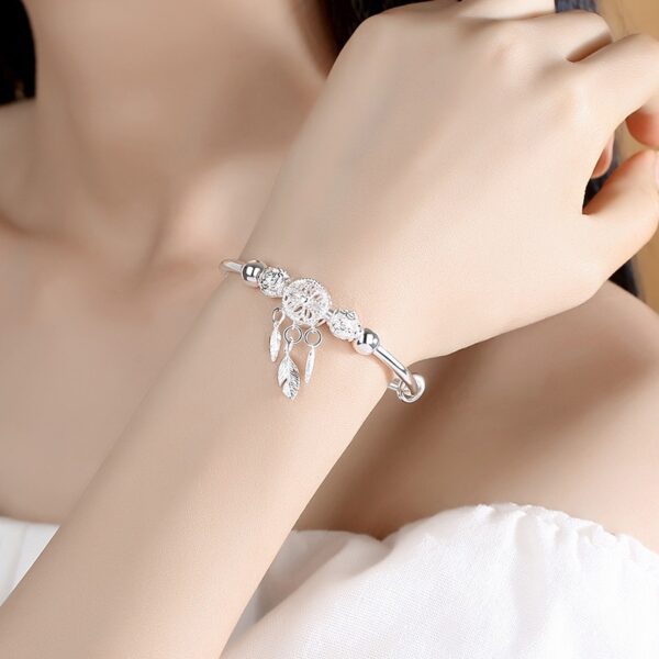 Adjustable 925 Sterling Silver Dreamcatcher Tassel Feather Round Bead Charm Bracelet Bangle For Women Elegant Jewelry 5