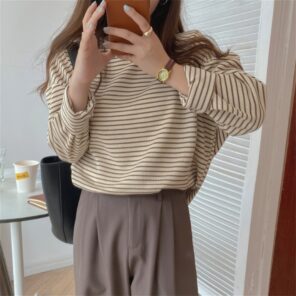 Alien Kitty Coffee Stripes Cotton T Shirts Women Loose Fitting Autumn 2021 Hot Sale Lady Casual