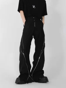 American Trendy: Black Zipper Design Flared Casual Pants