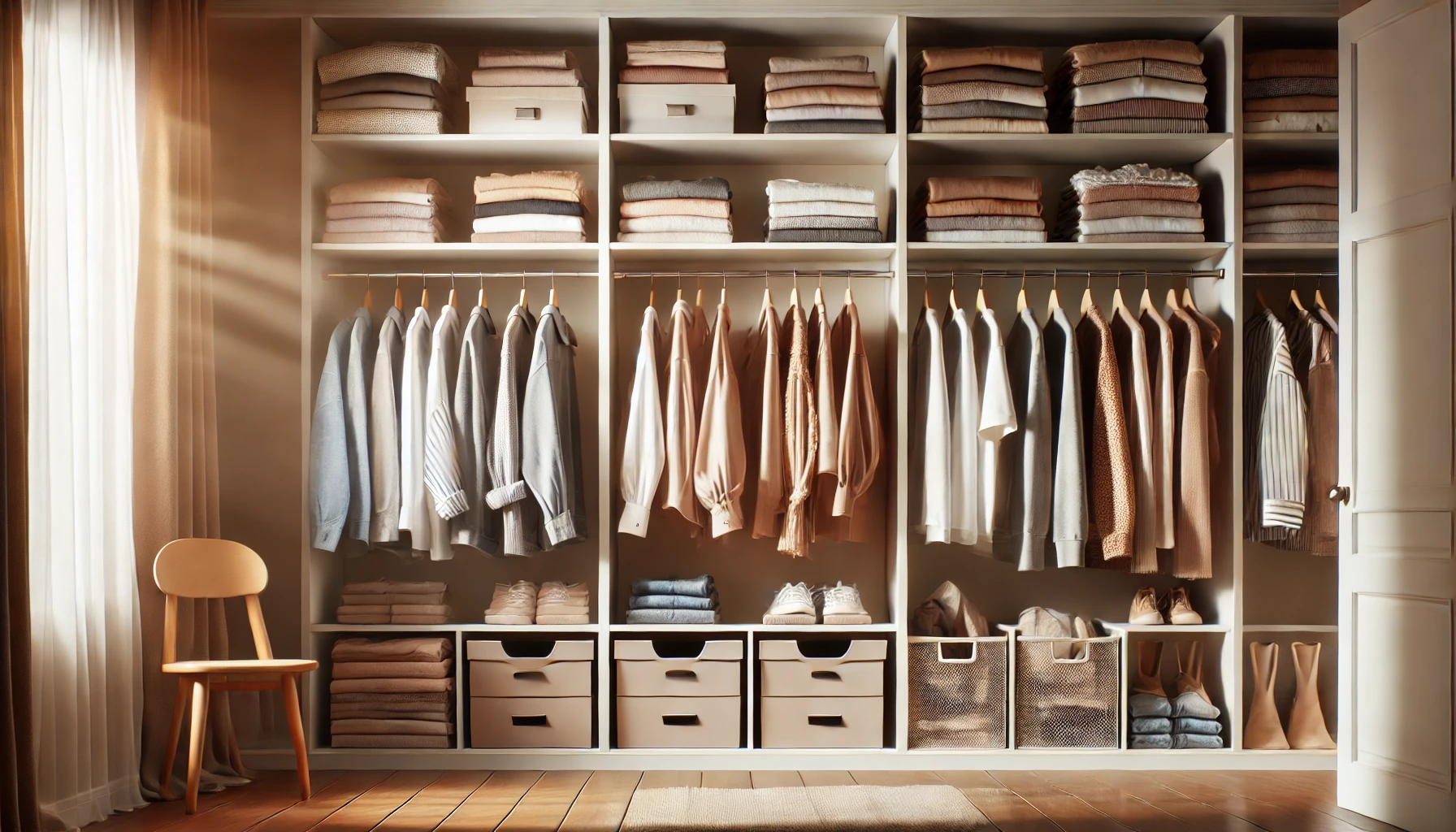 An aesthetically pleasing wide-format image showcasing a well-organized plus-size clothing wardrobe. The image features neatly folded clothes, hanging