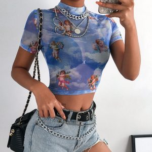 Angel Print Mesh Sexy Fashion T Shirt Crop Top High Neck Short Sleeve Graphic Tees Women