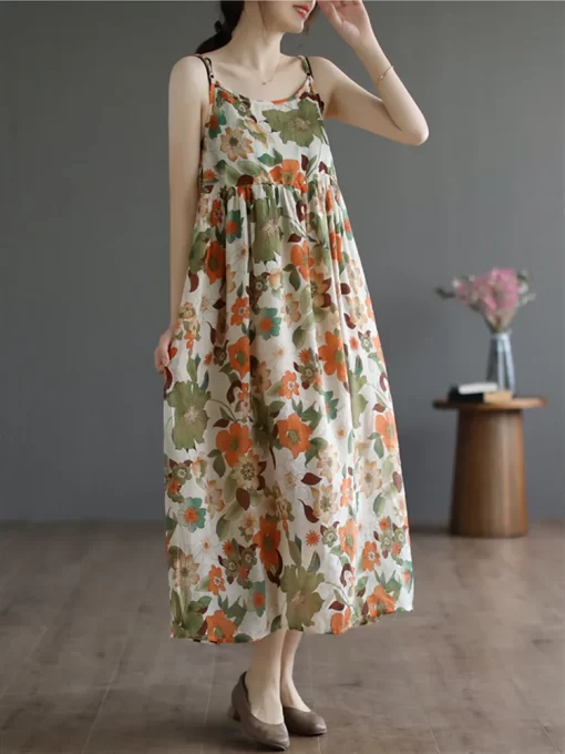 Anteef sleeveless strap cotton vintage floral dresses for women casual loose long summer dress elegant clothing 4