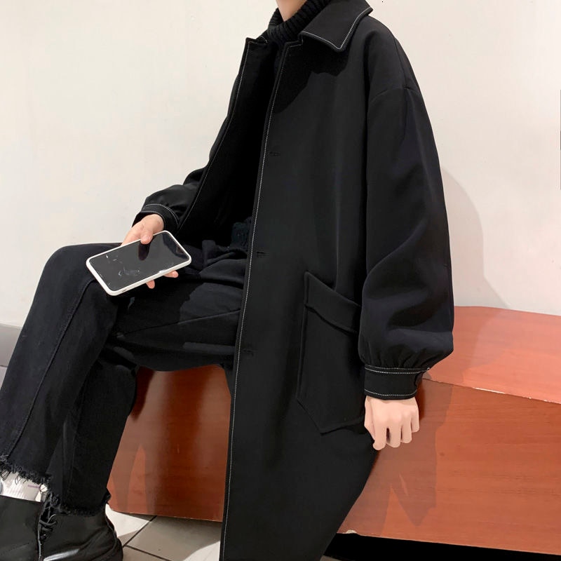 Autumn Black Trench Coat Men s Fashion Casual Long Coat Men Streetwear Korean Loose Oversize Windbreaker 2