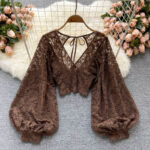 Autumn Black White Brown Sexy Lace Blouse Women