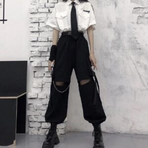 Autumn Fashion Cargo Pants Women Gothic Punk Black Wide Leg Lady Hot Pants Korean Fashion Street