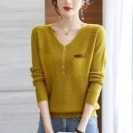 Autumn New Button Patchwork Knitting Pullovers V Neck