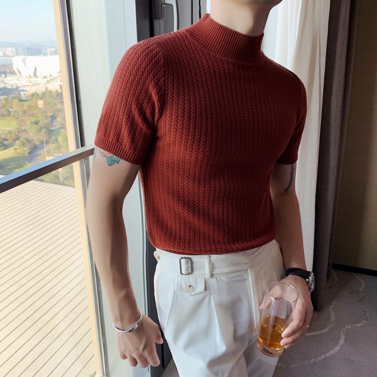 Autumn New Short Sleeve Knitted Sweater Men Tops Clothing 2022 All Match Slim Fit Stretch Turtleneck 1
