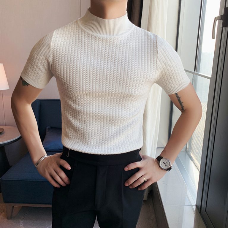 Autumn New Short Sleeve Knitted Sweater Men Tops Clothing 2022 All Match Slim Fit Stretch Turtleneck 2