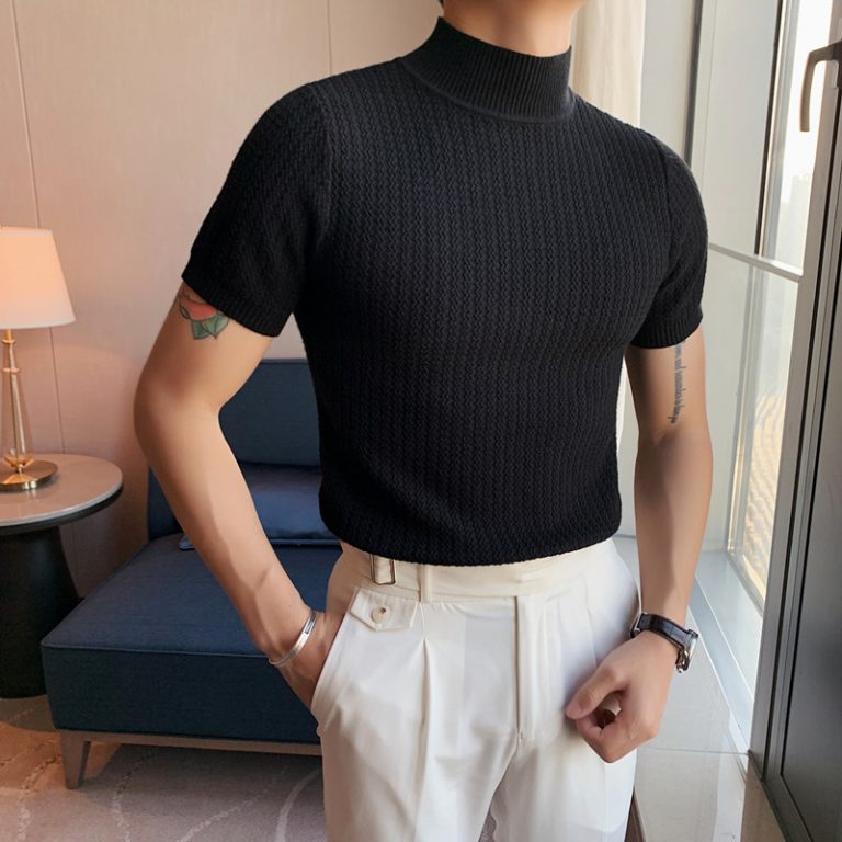 Autumn New Short Sleeve Knitted Sweater Men Tops Clothing 2022 All Match Slim Fit Stretch Turtleneck
