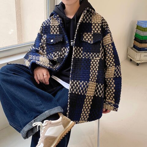 Autumn Plaid Jacket Men Fashion Retro Pocket Casual Jacket Men Streetwear Korean Loose Lapel Coat Mens