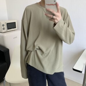Autumn Pleated T Shirt Men s Fashion Solid Color Casual Long sleeved T shirt Men Korean 2
