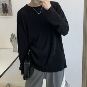 Autumn Pleated T Shirt Men s Fashion Solid Color Casual Long sleeved T shirt Men Korean 5