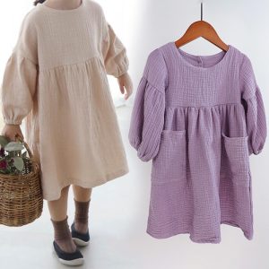 Autumn Spring Children’s Clothes Organic Cotton Double Gauze Loose Pockets Baby Girls Dress Fashion Princess Casual Kids Dresses