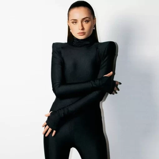 Autumn Winter Women Padded Shoulder Long Sleeve Body Black Turtleneck T Shirt Tops Sexy Bodysuit 2021 2