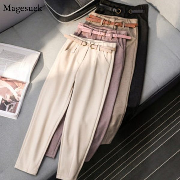 Autumn Winter Wool High Waist Pants Women Korean Style Women Trousers With Belted Slim Harem Pants 2