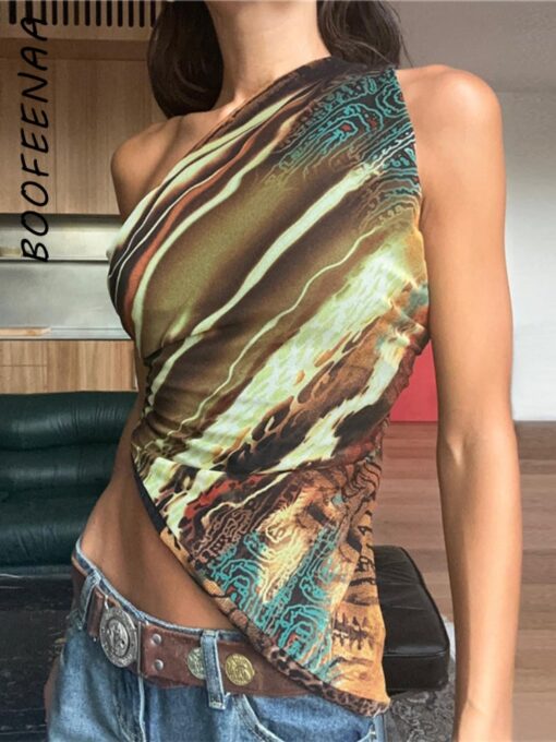 BOOFEENAA Abstract Print Tank Tops Y2k Tees Summer Clothing for Women 2023 Trendy Sexy Asymmetric One 2