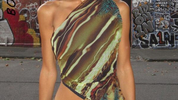 BOOFEENAA Abstract Print Tank Tops Y2k Tees Summer Clothing for Women 2023 Trendy Sexy Asymmetric One