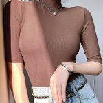 Basic Cotton T Shirt Women Turtleneck Slim Tshirt