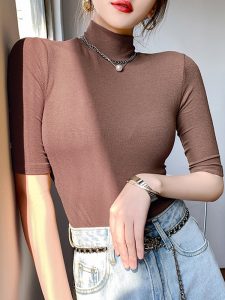 Basic Cotton T Shirt Women Turtleneck Slim Tshirt Short Sleeve T shirts Female Casual Elasticity White