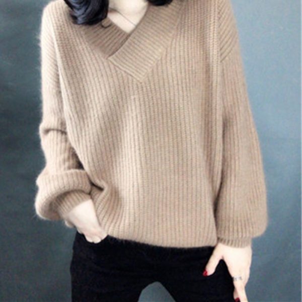 Basic knit Sweater Women V neck Solid Pullover 2020 Autumn Korean Loose Lantern sleeve Sweaters Pullover 1