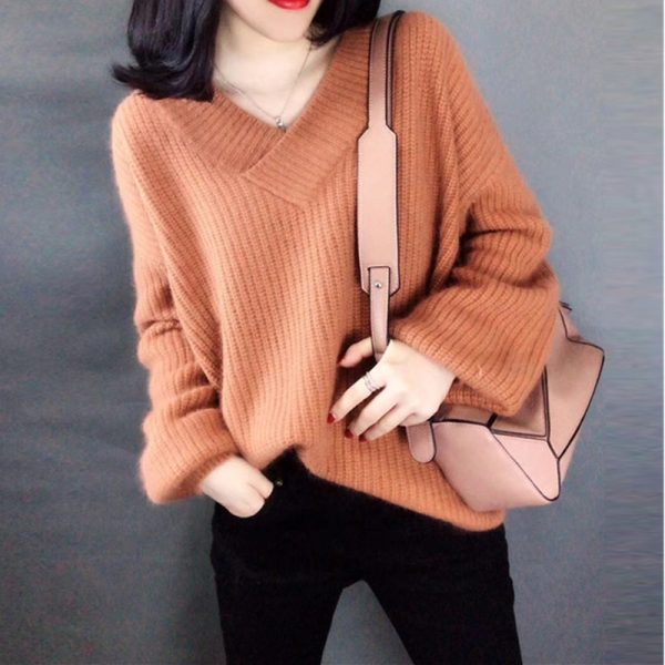 Basic knit Sweater Women V neck Solid Pullover 2020 Autumn Korean Loose Lantern sleeve Sweaters Pullover 2