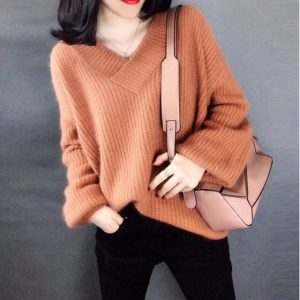 Basic knit Sweater Women V neck Solid Pullover 2020 Autumn Korean Loose Lantern sleeve Sweaters Pullover 2.jpg 640x640 2