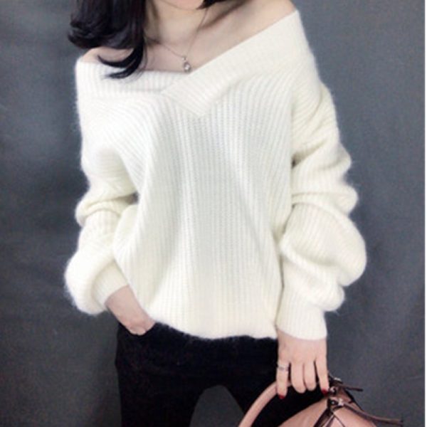 Basic knit Sweater Women V neck Solid Pullover 2020 Autumn Korean Loose Lantern sleeve Sweaters Pullover 3