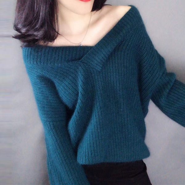 Basic knit Sweater Women V neck Solid Pullover 2020 Autumn Korean Loose Lantern sleeve Sweaters Pullover 4
