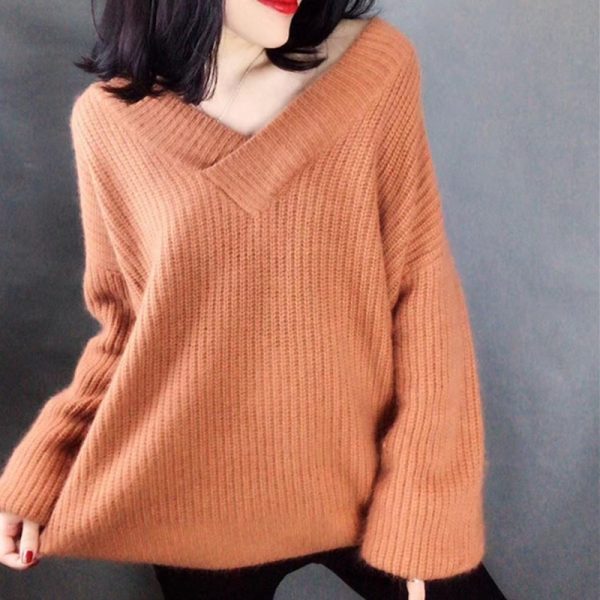 Basic knit Sweater Women V neck Solid Pullover 2020 Autumn Korean Loose Lantern sleeve Sweaters Pullover 5