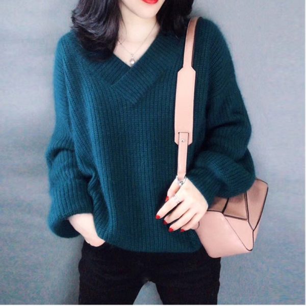 Basic knit Sweater Women V neck Solid Pullover 2020 Autumn Korean Loose Lantern sleeve Sweaters Pullover