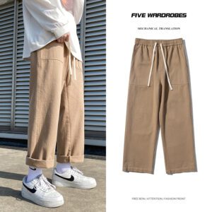 Beige Khaki Hitam Celana Kasual Pria Modis Katun Celana Lurus Pria Streetwear Longgar Hip Hop Celana