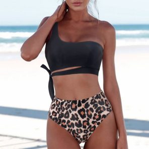 Bikini Swimsuit Women Push Up Bikini Set Sexy One Shoulder Beachwear Summer Leopard Bathing Suit High